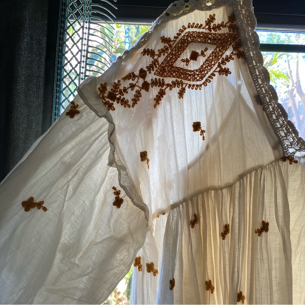 Free people Rare long sleeve midi dress yellow embroidered cotton gauze & slip - Picture 4 of 6